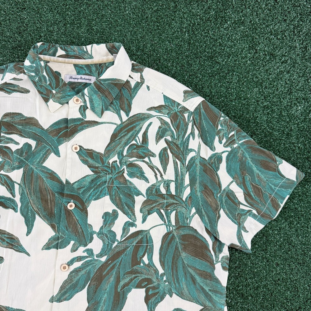 Tommy Bahama Mens Short Sleeve Button Shirt Size XL Silk Hawaiian Aloha Green